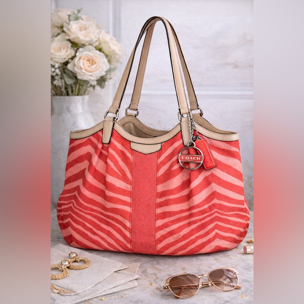 Coach Zebra Stripe Canvas Shoulder Tote w/ Double Hang Tags Beige Leather Trim